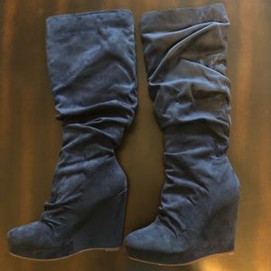 Navy Blue Knee High Wedge Boots